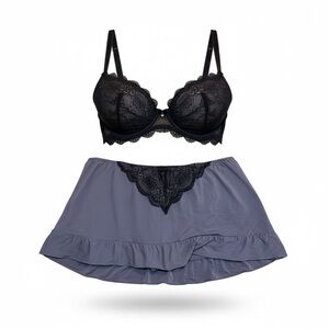 Felina black and gray lace bra thong skirt panties set size large